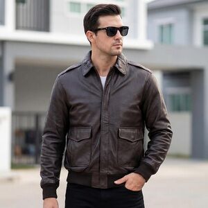 Brown Leather Jacket Flight Jacket Military Style Jacket Size 4XL Men's Coat USA
